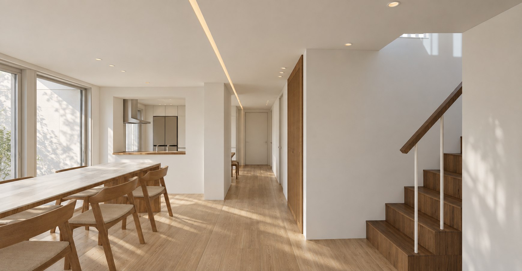 창가 식탁과 복층 계단이 나란히 이어지는 다이닝
