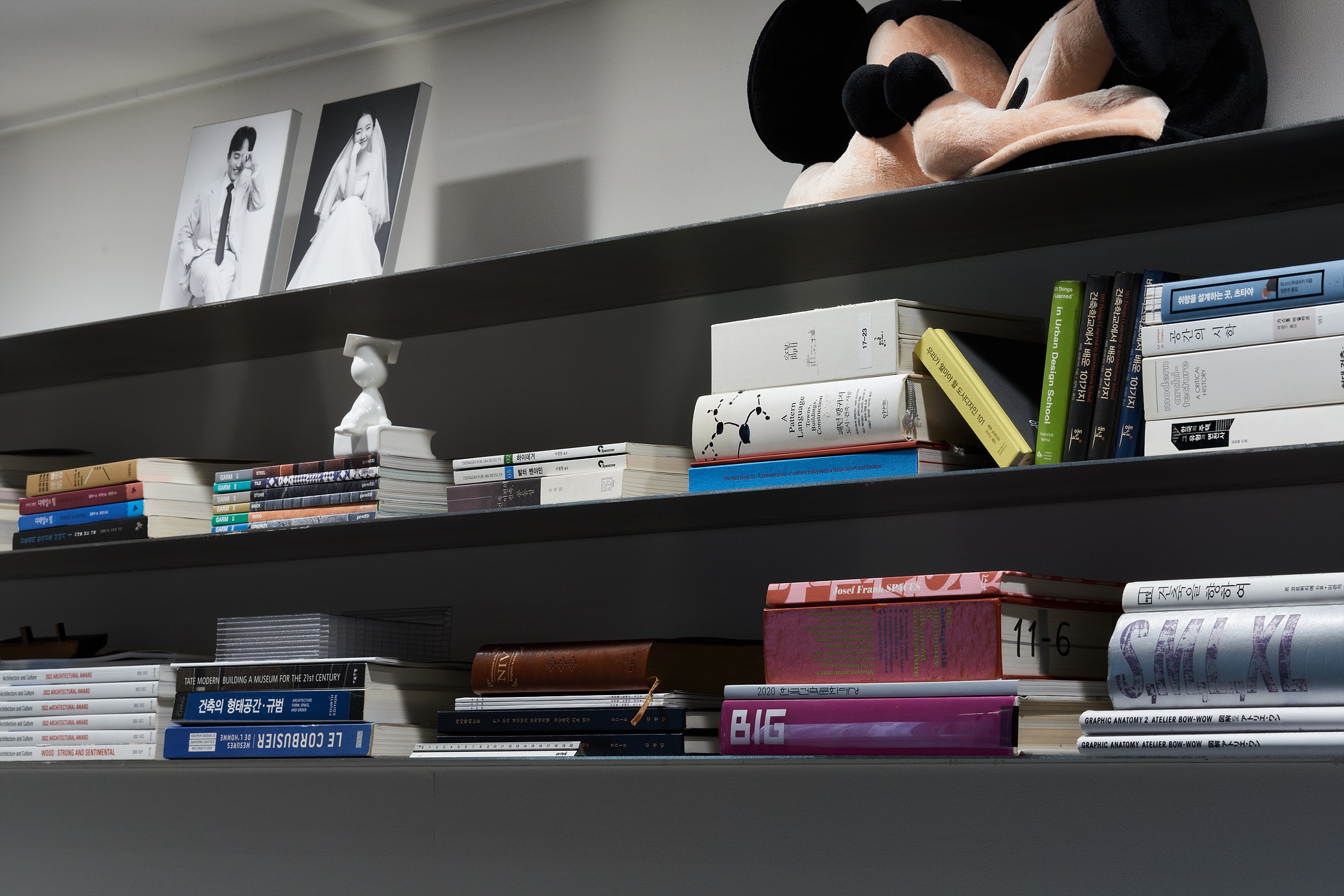 Long work-wall shelf holding books and personal objects